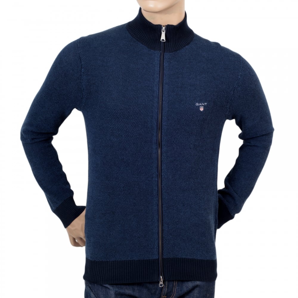 Mens Evening Blue Cotton Pique Zipped Cardigan with Embroidered Signature Logo on Chest by Gant GANT6186
