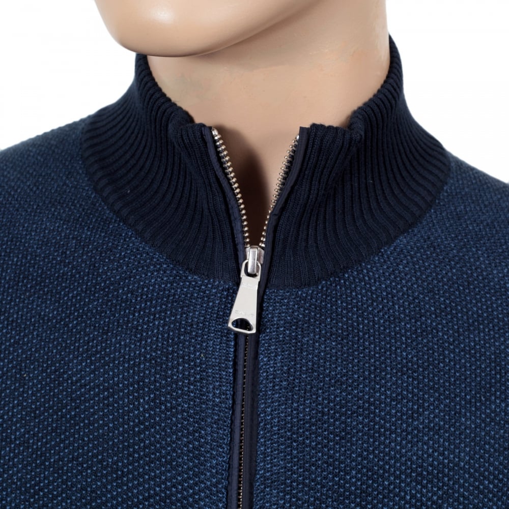 Mens Evening Blue Cotton Pique Zipped Cardigan with Embroidered Signature Logo on Chest by Gant GANT6186