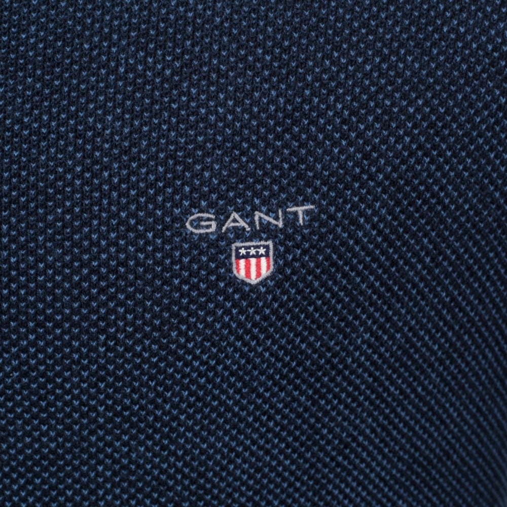 Mens Evening Blue Cotton Pique Zipped Cardigan with Embroidered Signature Logo on Chest by Gant GANT6186