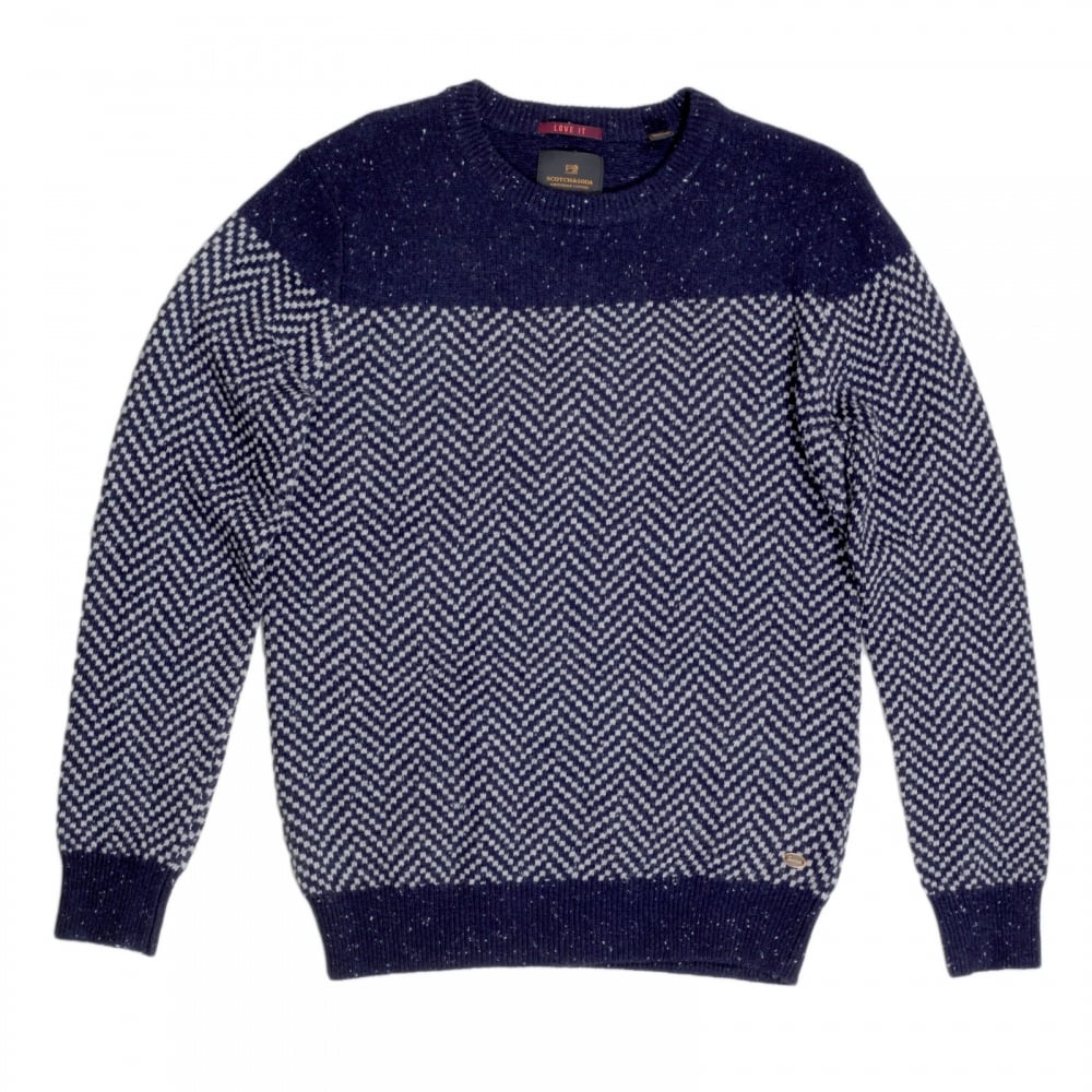Mens Navy Regular Fit Crew Neck Jacquard Patterned Jumper by Scotch and Soda SCOT5606