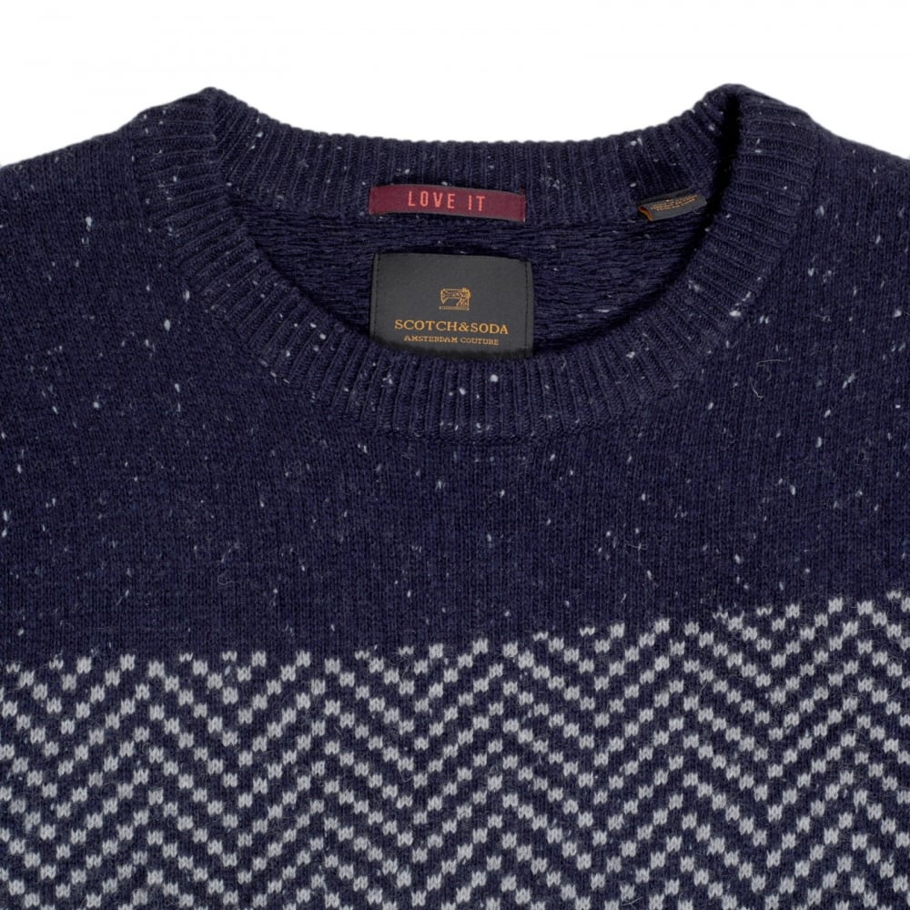 Mens Navy Regular Fit Crew Neck Jacquard Patterned Jumper by Scotch and Soda SCOT5606