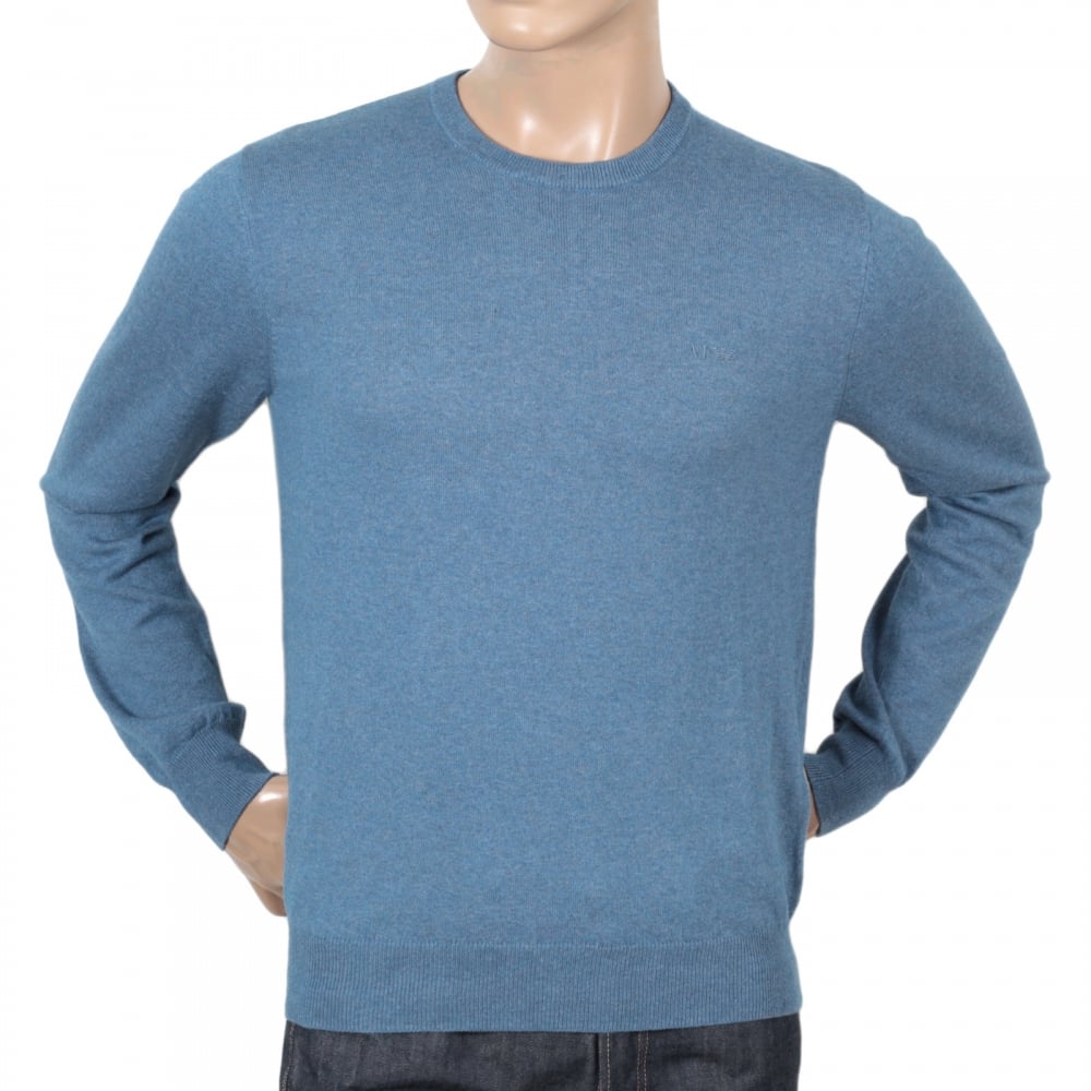 Mens Regular Fit Crew Neck Cotton and Wool Mix Melange Blue Knitwear by Armani Jeans AJM6453