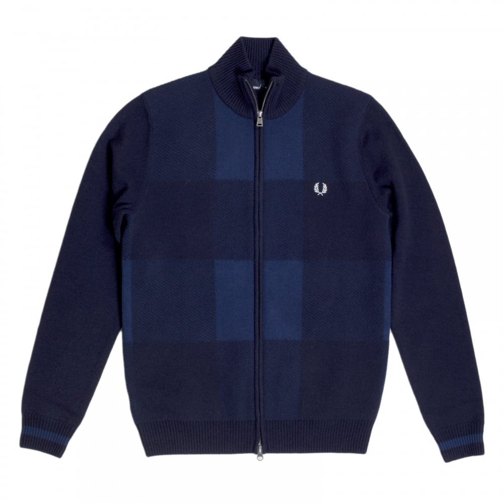 Fred Perry Navy Full Zip Front Wool and Cotton Blend Knitted Cardigan for Men Laurel Leaf Chest Logo FPRY6738