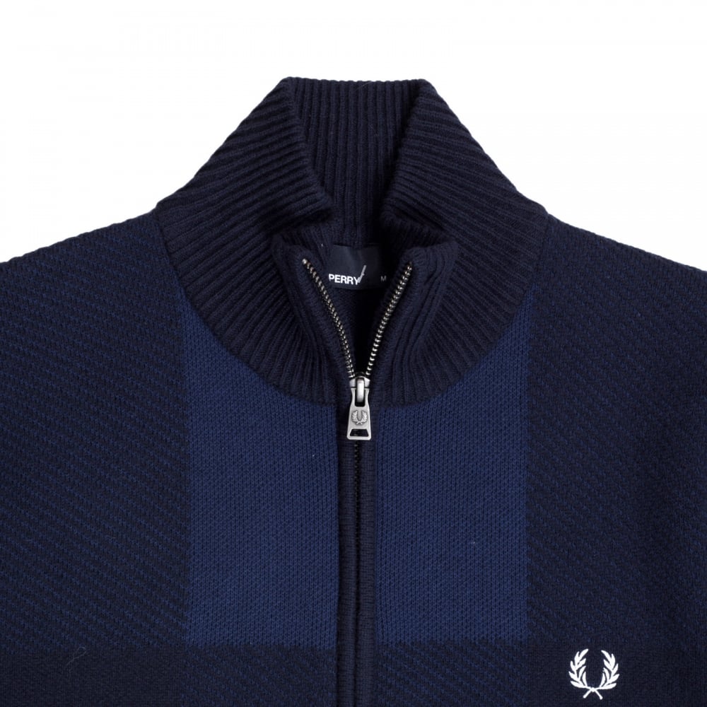 Fred Perry Navy Full Zip Front Wool and Cotton Blend Knitted Cardigan for Men Laurel Leaf Chest Logo FPRY6738
