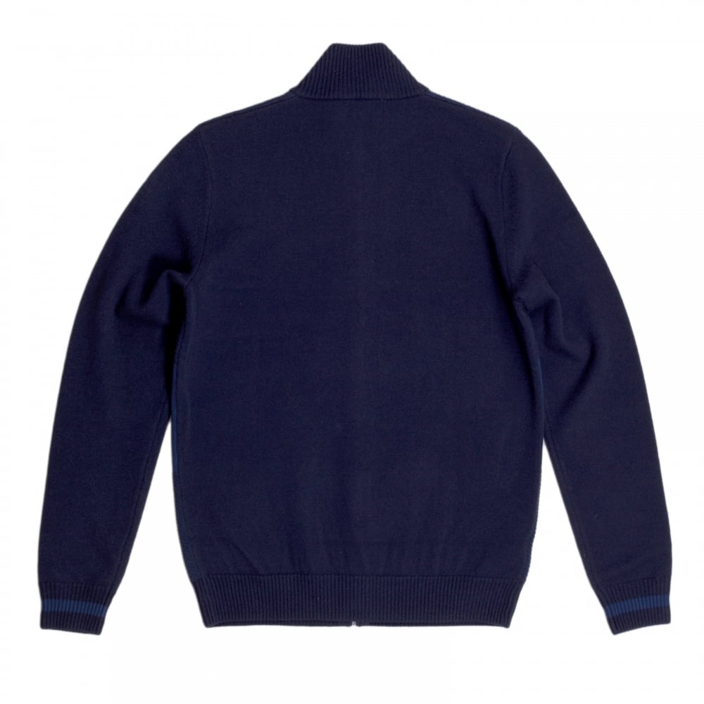 Fred Perry Navy Full Zip Front Wool and Cotton Blend Knitted Cardigan for Men Laurel Leaf Chest Logo FPRY6738