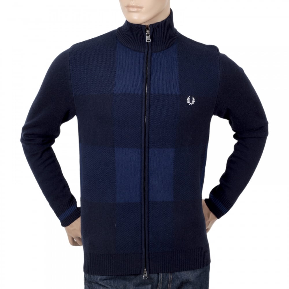 Fred Perry Navy Full Zip Front Wool and Cotton Blend Knitted Cardigan for Men Laurel Leaf Chest Logo FPRY6738