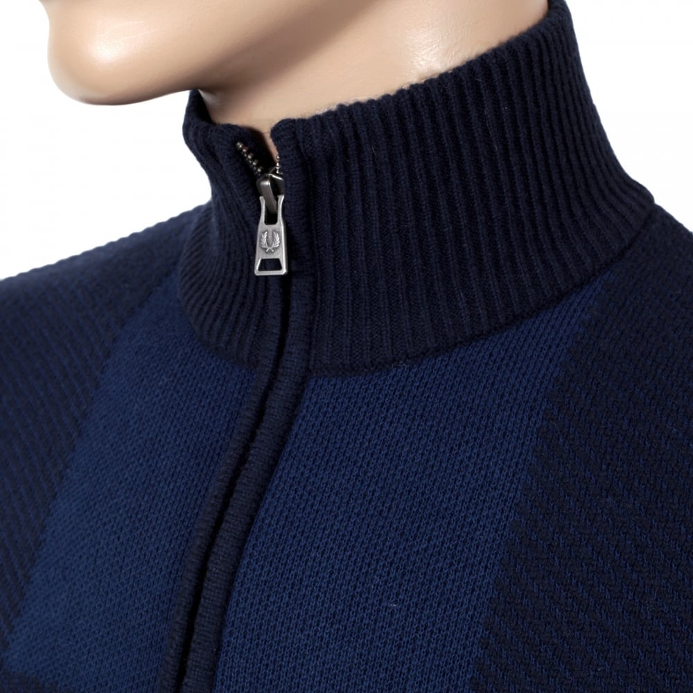 Fred Perry Navy Full Zip Front Wool and Cotton Blend Knitted Cardigan for Men Laurel Leaf Chest Logo FPRY6738