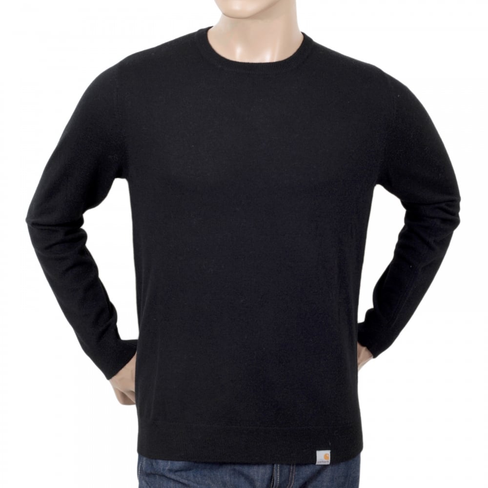 Mens Black Crew Neck Regular Fit Wool Mix Playoff Knitwear with Woven Logo Patch by Carhartt CARH6835