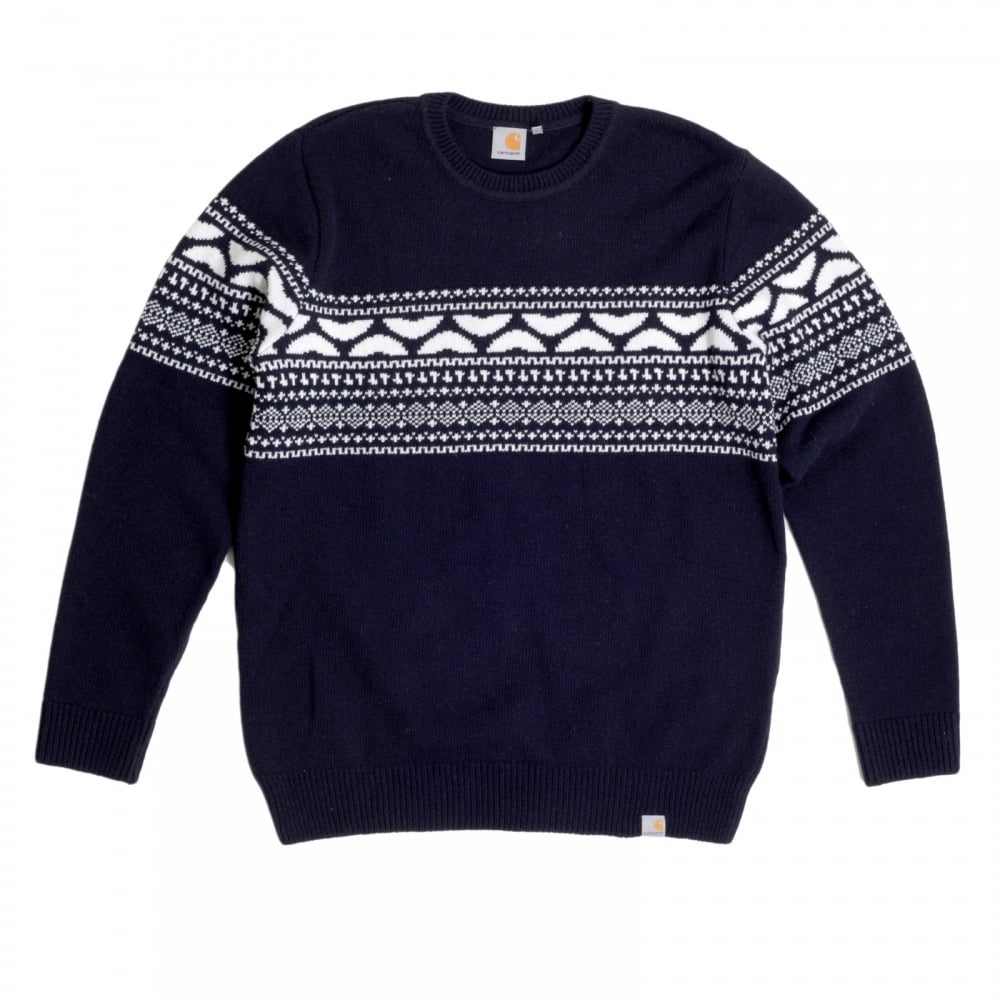 Navy Holmes Regular Fit Crew Neck Heavier Knit Wool Mix Patterned Sweater by Carhartt CARH4261