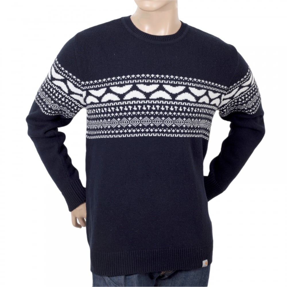 Navy Holmes Regular Fit Crew Neck Heavier Knit Wool Mix Patterned Sweater by Carhartt CARH4261