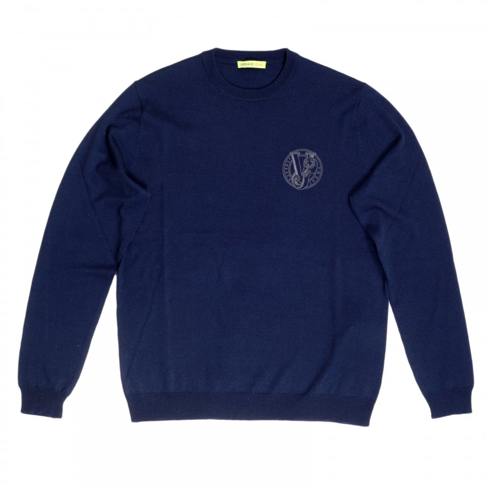 Mens Regular Fit Crew Neck Blue Sweater by Versace with Embroidered Signature Logo VERS6710