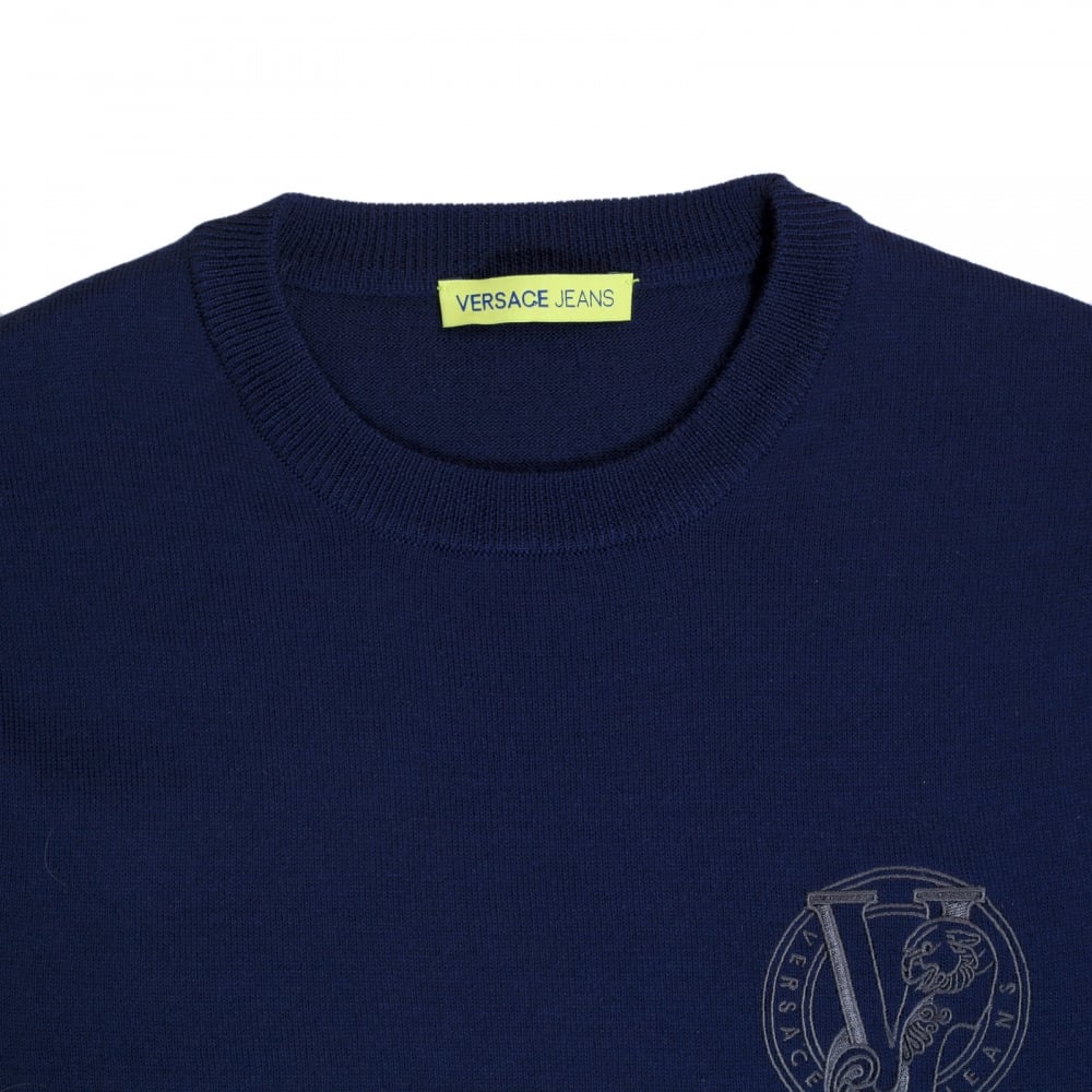 Mens Regular Fit Crew Neck Blue Sweater by Versace with Embroidered Signature Logo VERS6710
