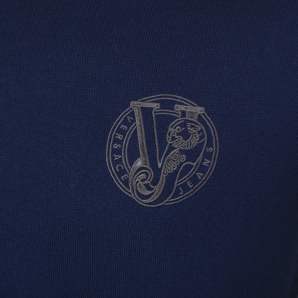 Mens Regular Fit Crew Neck Blue Sweater by Versace with Embroidered Signature Logo VERS6710