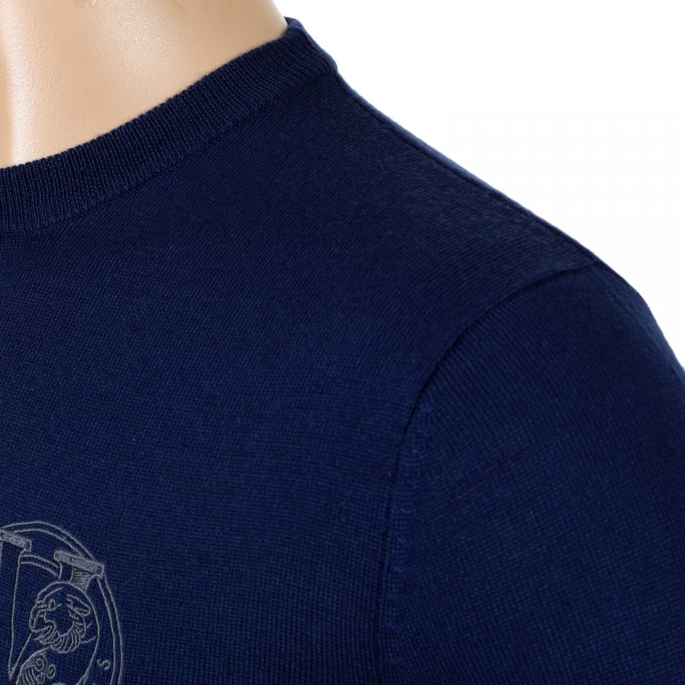 Mens Regular Fit Crew Neck Blue Sweater by Versace with Embroidered Signature Logo VERS6710