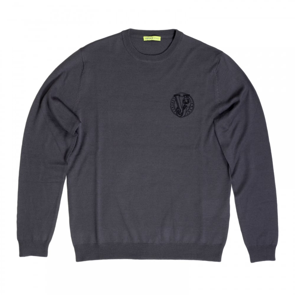 Mens Regular Fit Crew Neck Darker Grey Sweater by Versace with Embroidered Signature Logo VERS6711