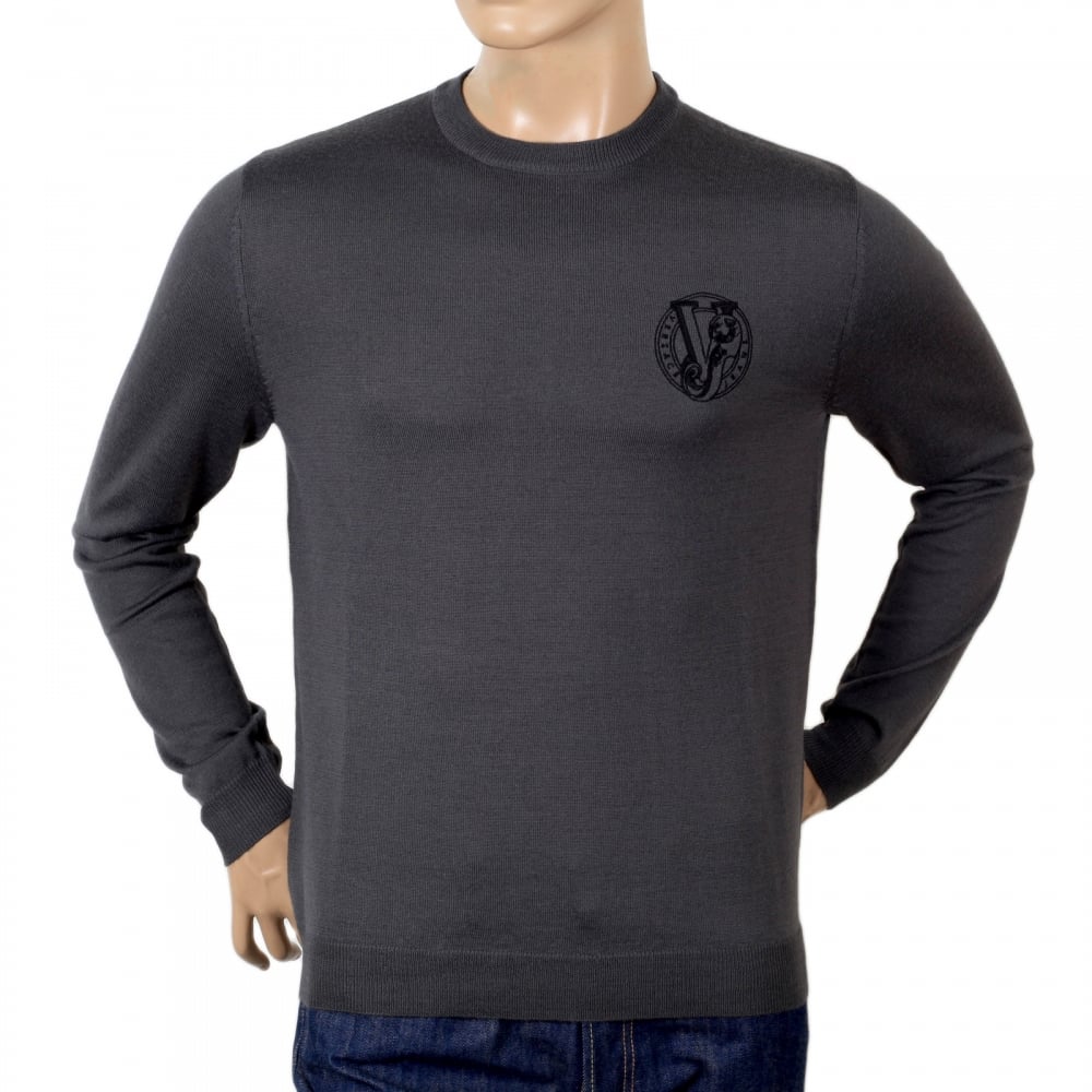 Mens Regular Fit Crew Neck Darker Grey Sweater by Versace with Embroidered Signature Logo VERS6711