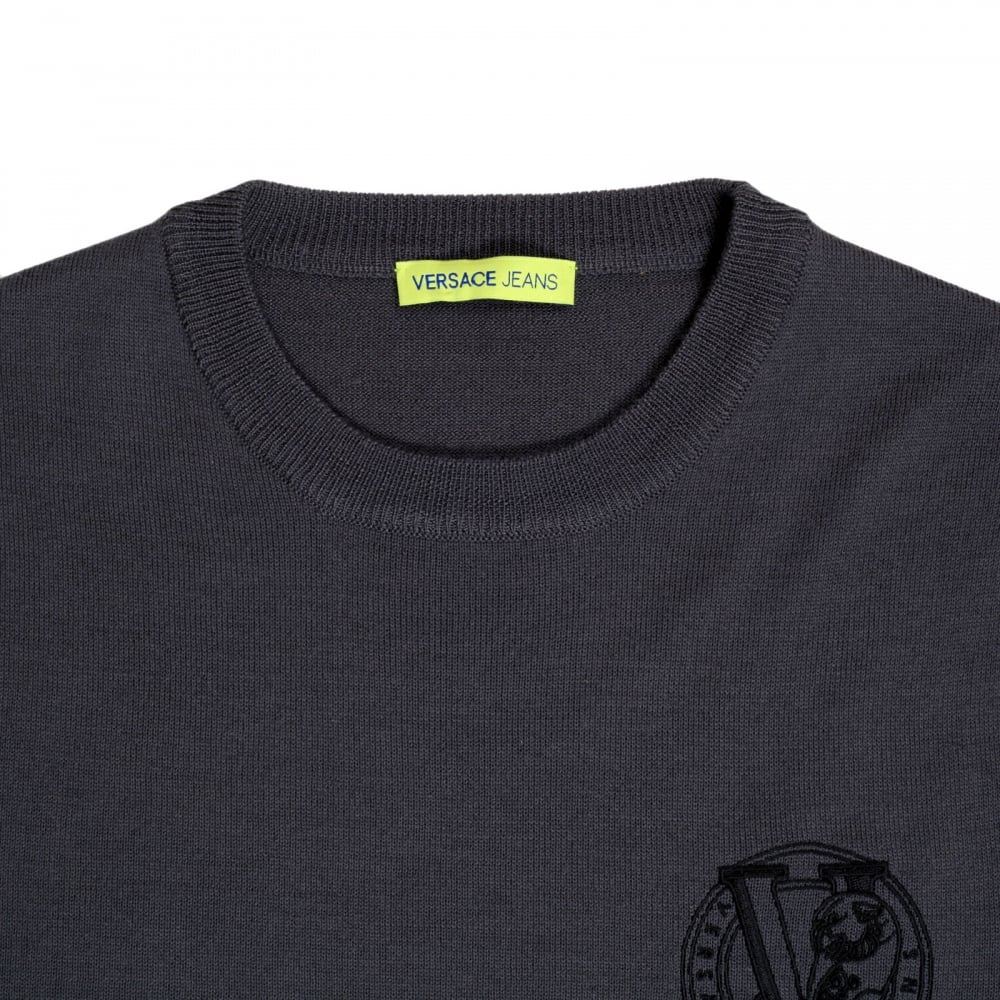 Mens Regular Fit Crew Neck Darker Grey Sweater by Versace with Embroidered Signature Logo VERS6711