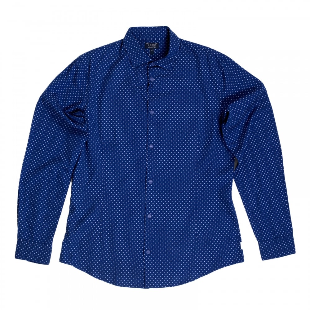 Mens Blue Woven Cotton Long Sleeve Extra Slim Fit Shirt with White Polka Dots by Armani Jeans AJM5991