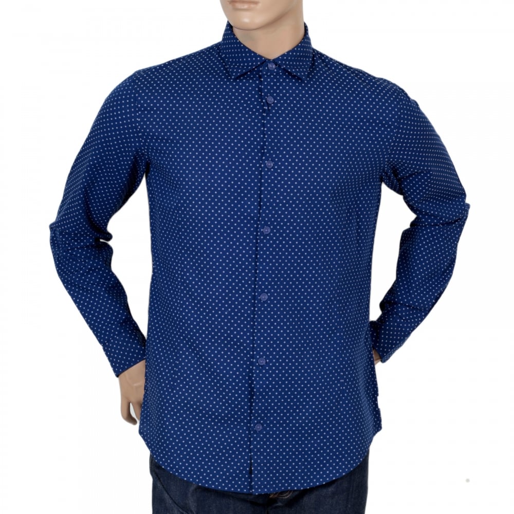 Mens Blue Woven Cotton Long Sleeve Extra Slim Fit Shirt with White Polka Dots by Armani Jeans AJM5991