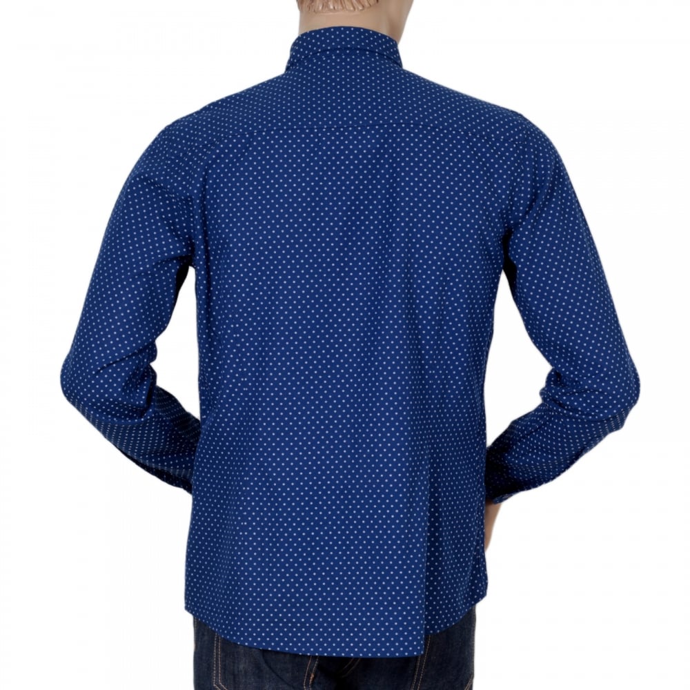 Mens Blue Woven Cotton Long Sleeve Extra Slim Fit Shirt with White Polka Dots by Armani Jeans AJM5991