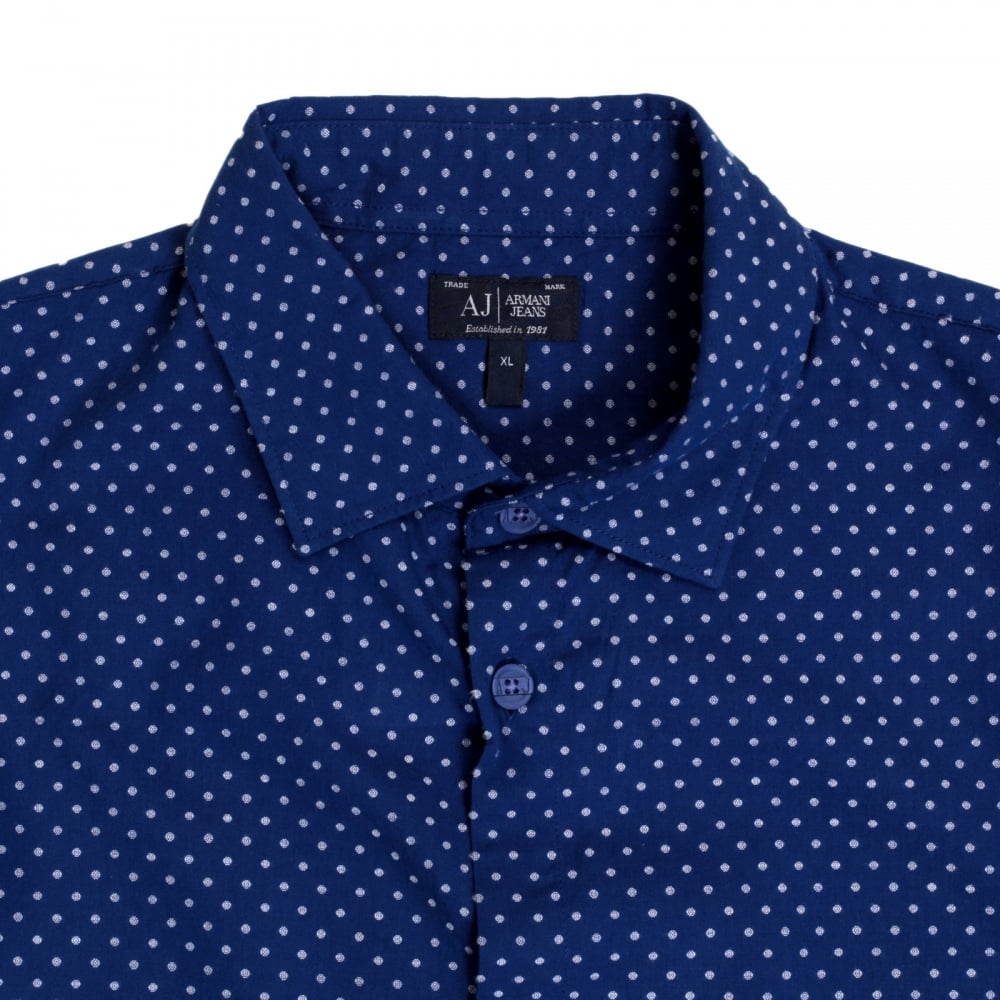 Mens Blue Woven Cotton Long Sleeve Extra Slim Fit Shirt with White Polka Dots by Armani Jeans AJM5991