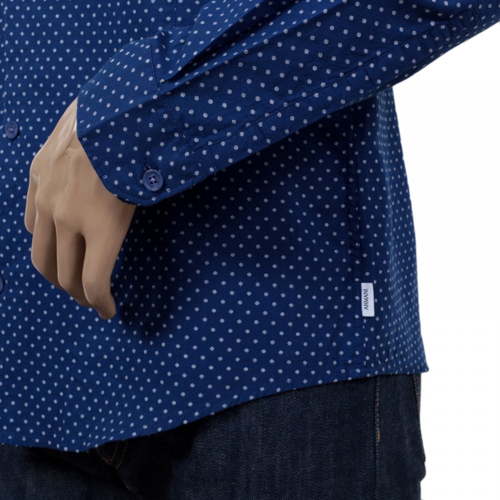 Mens Blue Woven Cotton Long Sleeve Extra Slim Fit Shirt with White Polka Dots by Armani Jeans AJM5991