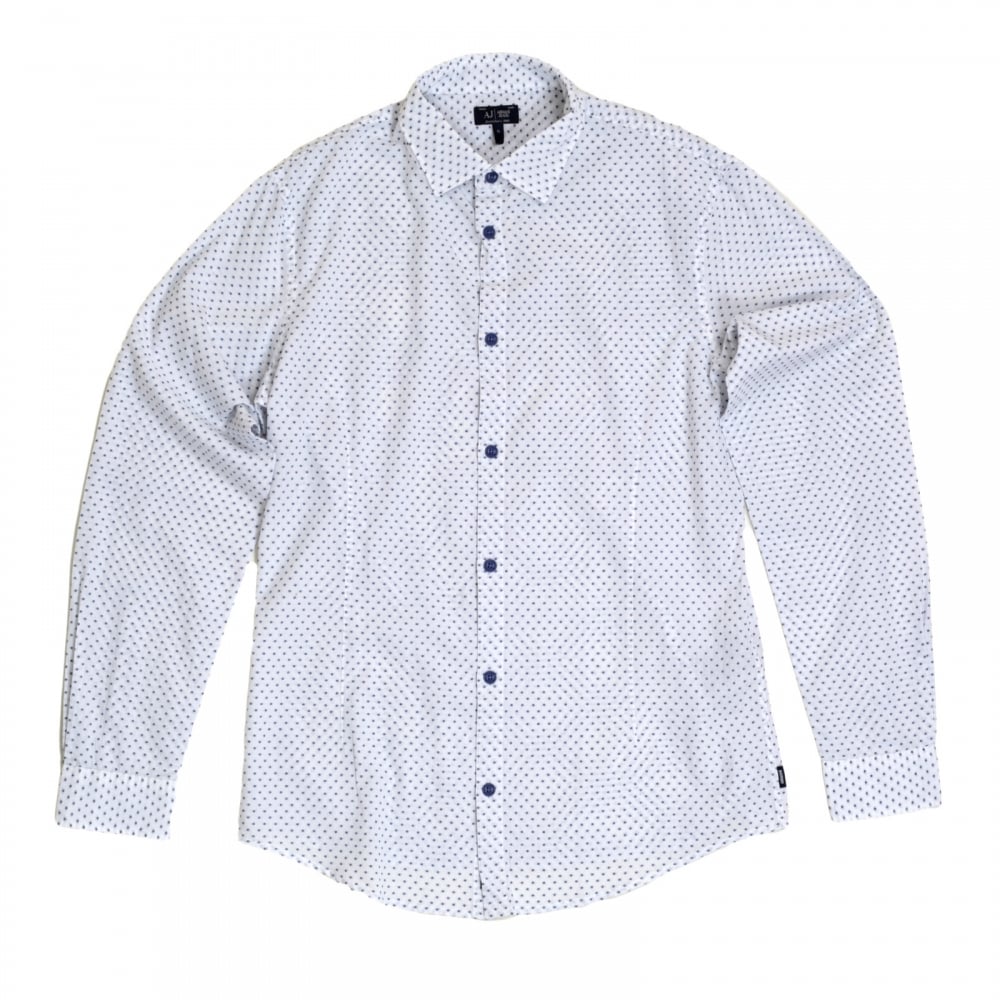 Mens Casual Extra Slim Fit Long Sleeve White Woven Cotton Shirt with Blue Polka Dots by Armani Jeans AJM5992