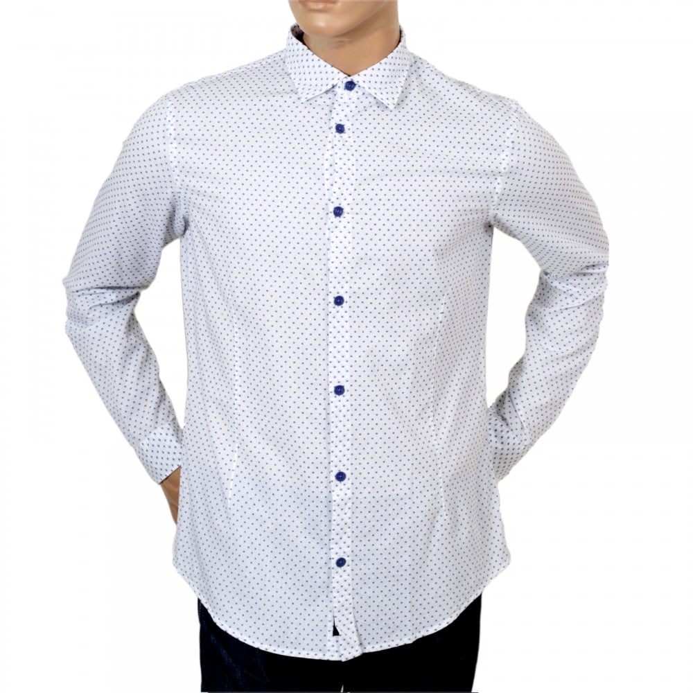 Mens Casual Extra Slim Fit Long Sleeve White Woven Cotton Shirt with Blue Polka Dots by Armani Jeans AJM5992