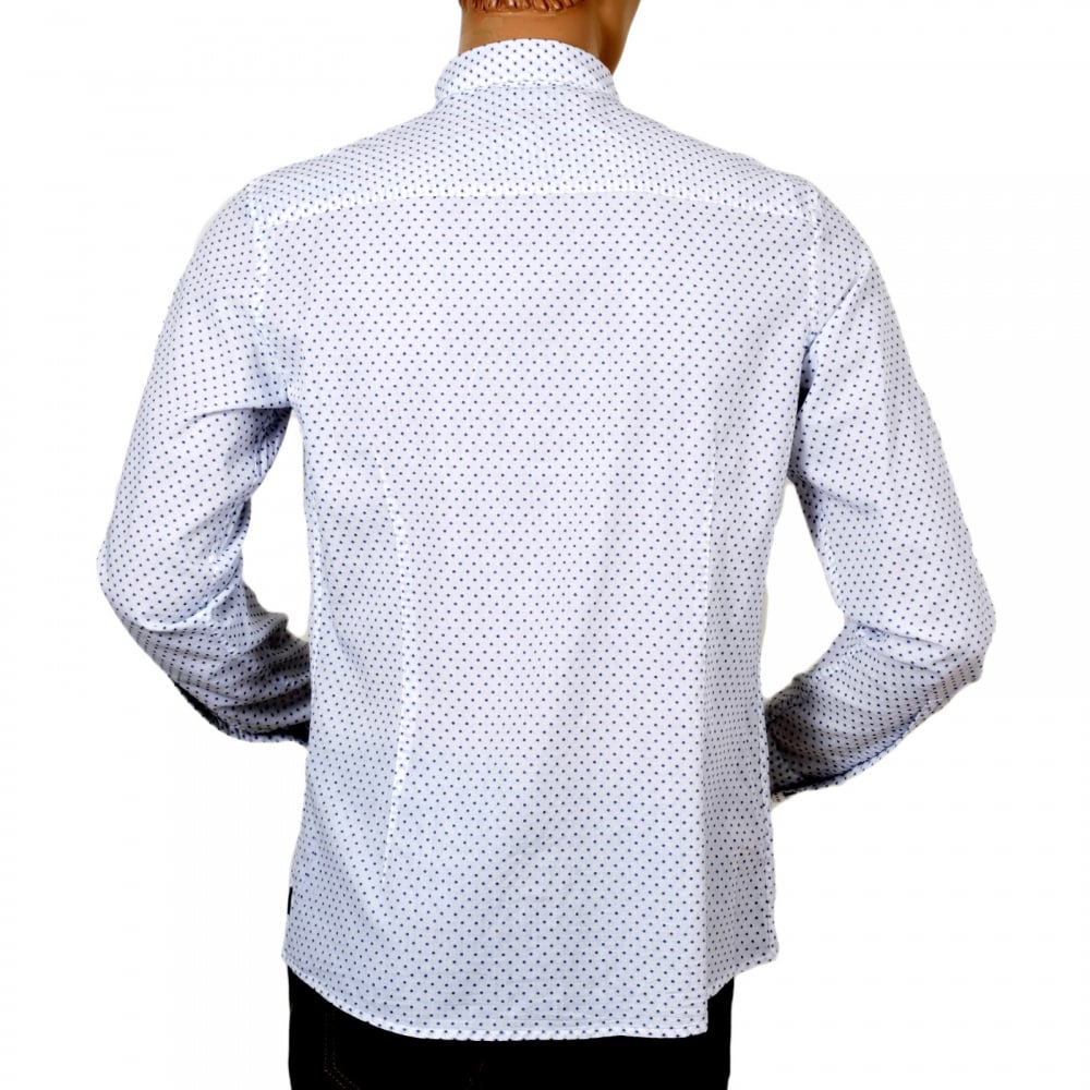 Mens Casual Extra Slim Fit Long Sleeve White Woven Cotton Shirt with Blue Polka Dots by Armani Jeans AJM5992