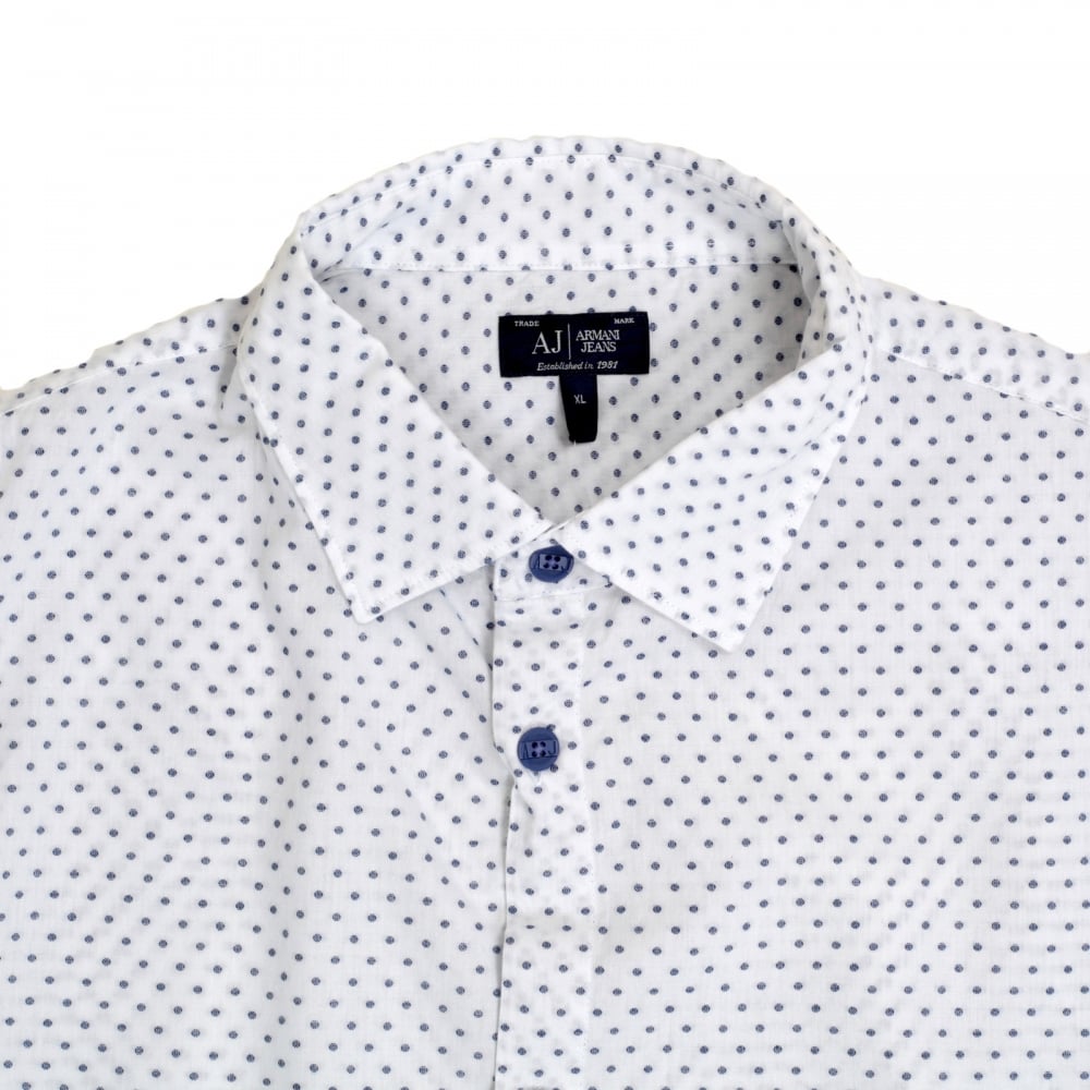 Mens Casual Extra Slim Fit Long Sleeve White Woven Cotton Shirt with Blue Polka Dots by Armani Jeans AJM5992