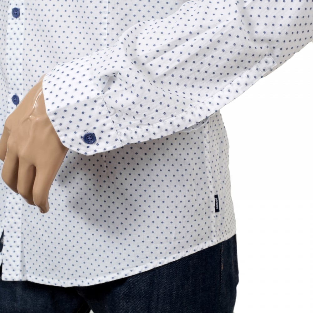 Mens Casual Extra Slim Fit Long Sleeve White Woven Cotton Shirt with Blue Polka Dots by Armani Jeans AJM5992