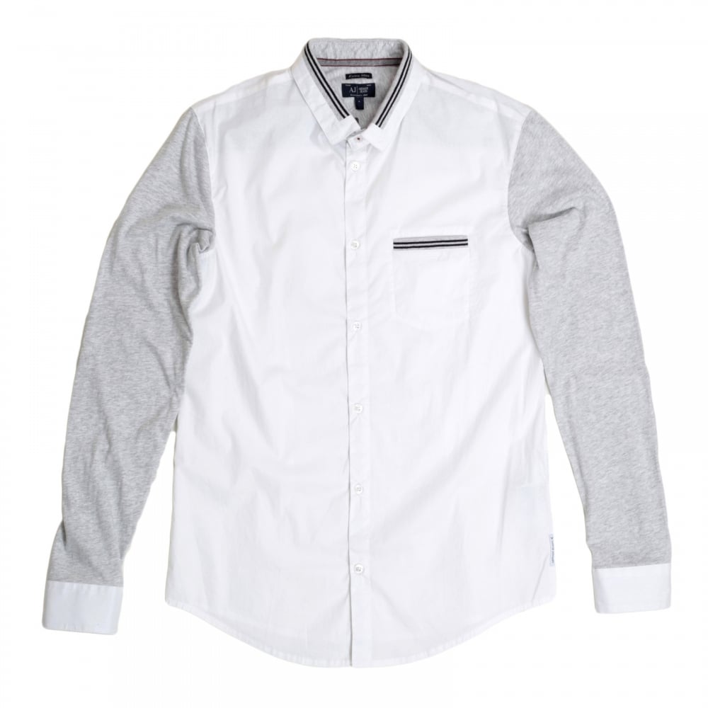 Mens White Stretch Cotton Extra Slim Fit Casual Shirt with Grey Long Sleeves by Armani Jeans AJM4673