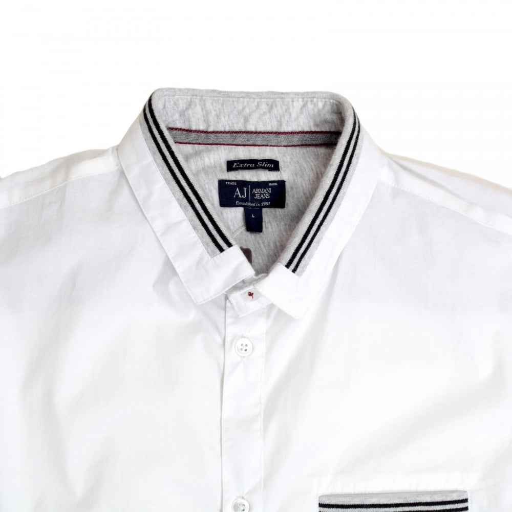 Mens White Stretch Cotton Extra Slim Fit Casual Shirt with Grey Long Sleeves by Armani Jeans AJM4673