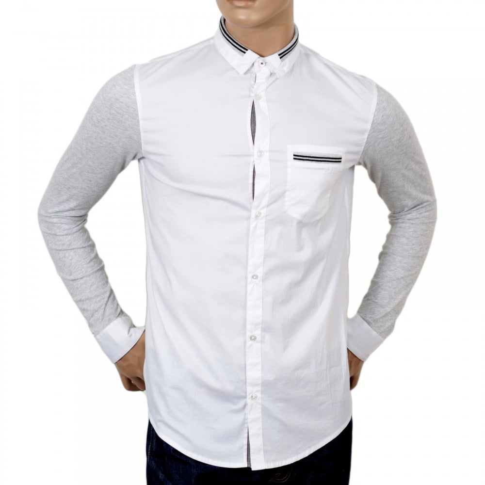 Mens White Stretch Cotton Extra Slim Fit Casual Shirt with Grey Long Sleeves by Armani Jeans AJM4673