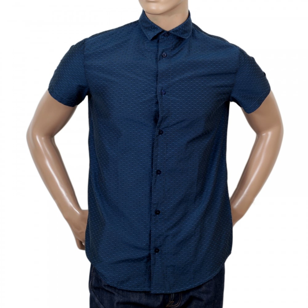 Mens Short Sleeve Woven Cotton Blue Shirt with Self Coloured Mini Dot Jacquard Pattern by Armani Jeans AJM5987