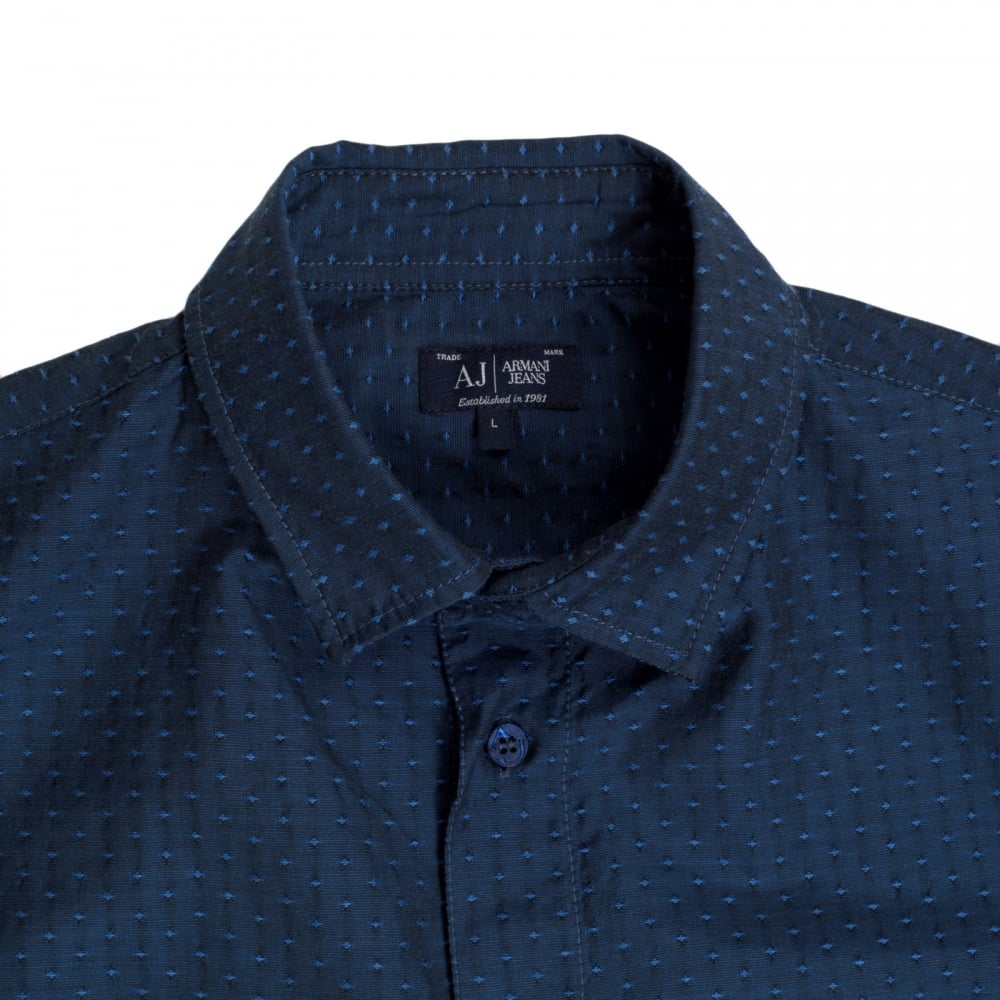 Mens Short Sleeve Woven Cotton Blue Shirt with Self Coloured Mini Dot Jacquard Pattern by Armani Jeans AJM5987