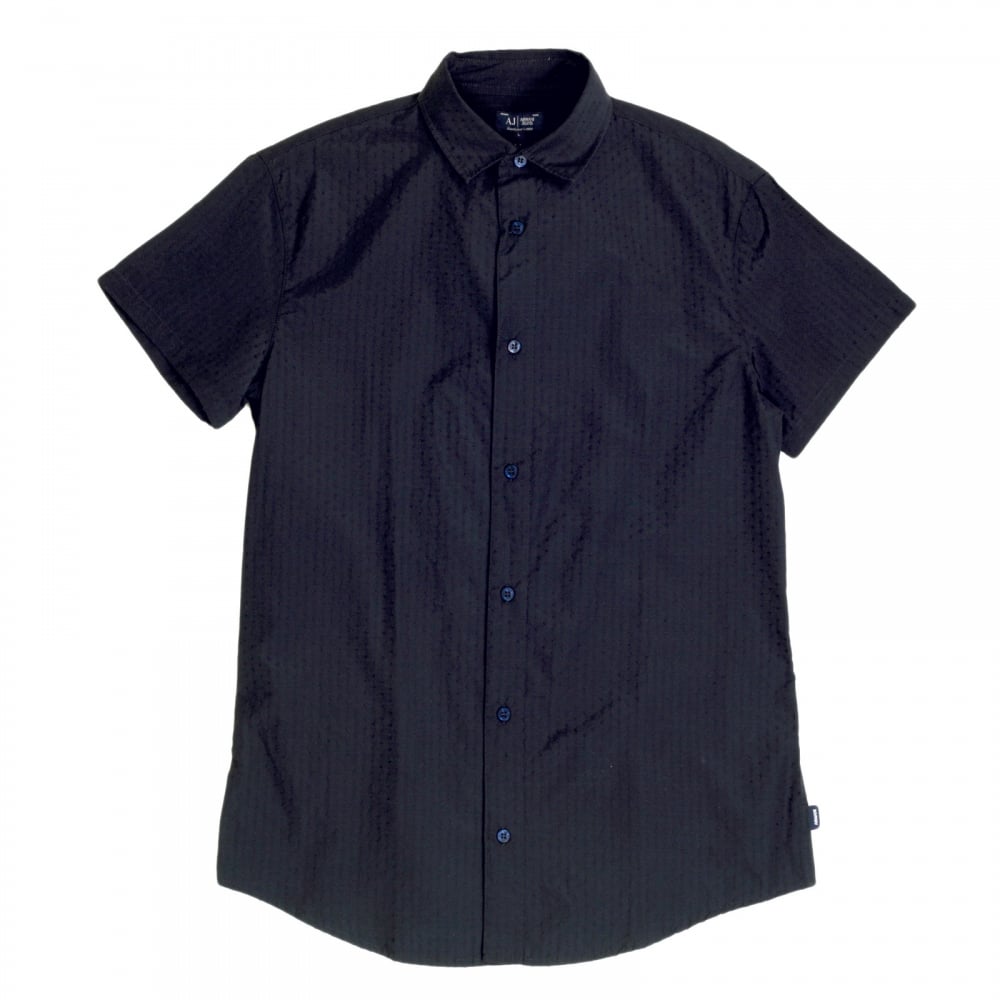 Short Sleeve Woven Cotton Navy Blue Shirt with Self Coloured Mini Dot Jacquard Pattern by Armani AJM5985