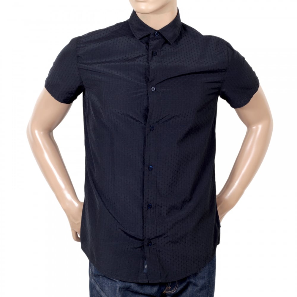 Short Sleeve Woven Cotton Navy Blue Shirt with Self Coloured Mini Dot Jacquard Pattern by Armani AJM5985