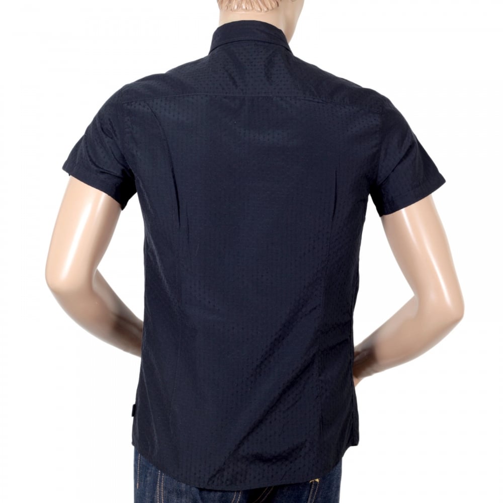 Short Sleeve Woven Cotton Navy Blue Shirt with Self Coloured Mini Dot Jacquard Pattern by Armani AJM5985