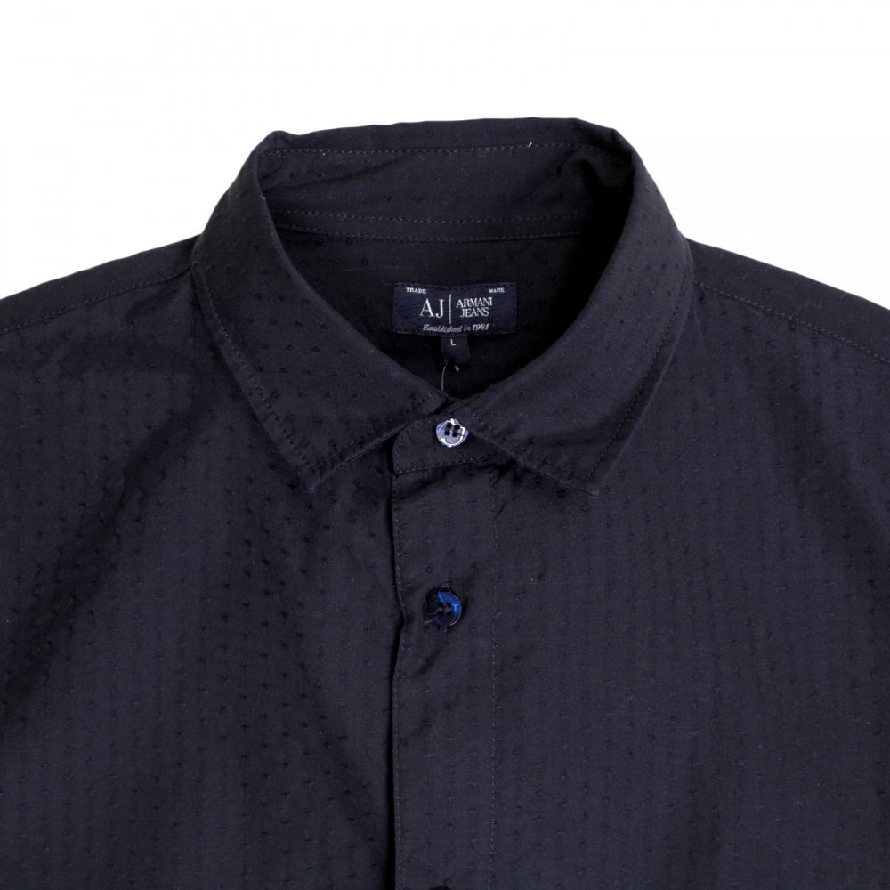 Short Sleeve Woven Cotton Navy Blue Shirt with Self Coloured Mini Dot Jacquard Pattern by Armani AJM5985