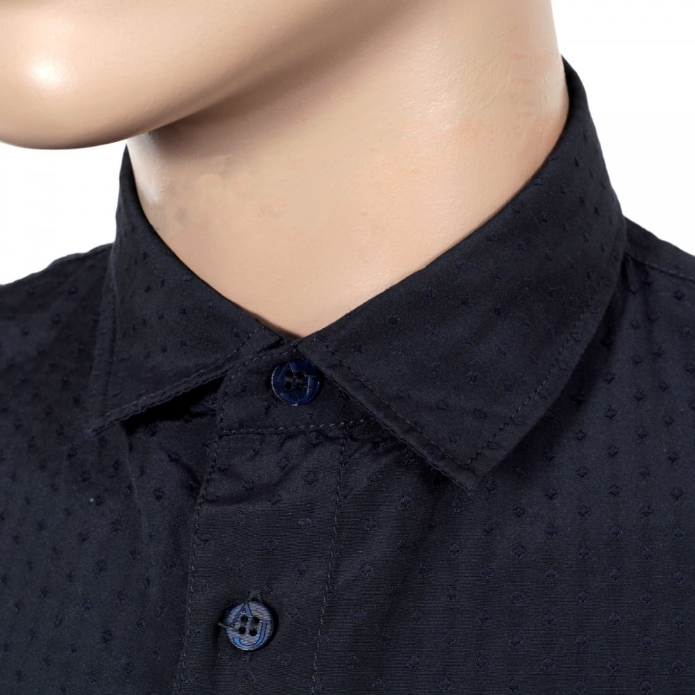 Short Sleeve Woven Cotton Navy Blue Shirt with Self Coloured Mini Dot Jacquard Pattern by Armani AJM5985