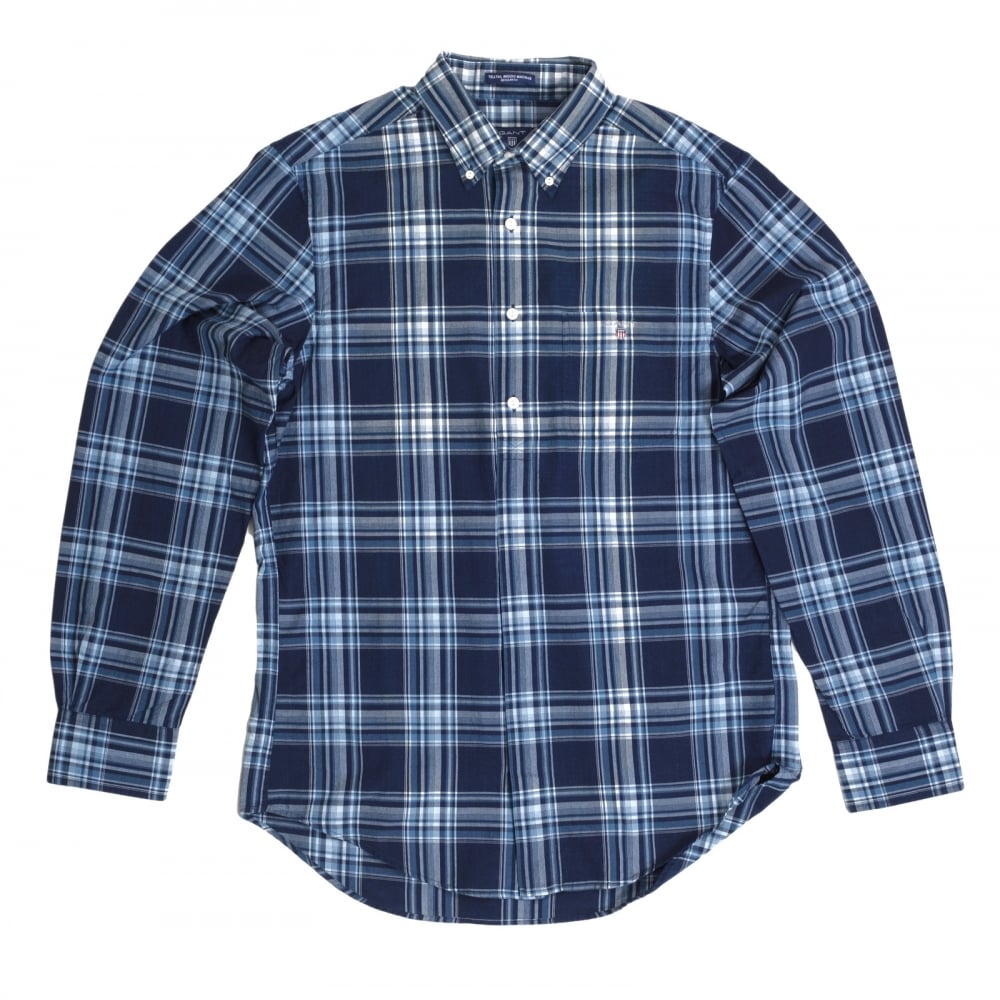 Mens Indigo Madras Check Regular Fit Long Sleeve Casual Shirt with Button Down Collar by Gant GANT6202