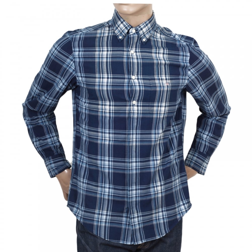 Mens Indigo Madras Check Regular Fit Long Sleeve Casual Shirt with Button Down Collar by Gant GANT6202