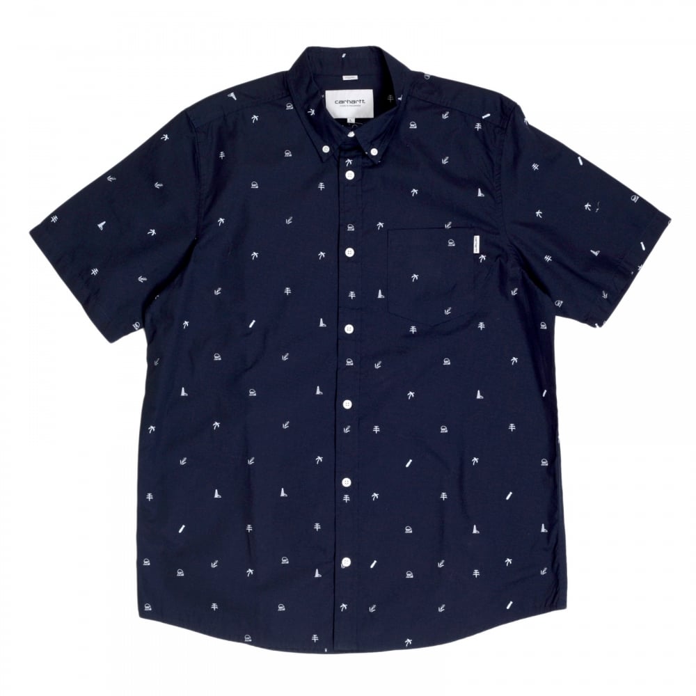 Mens Regular Fit Short Sleeve Navy Cotton Shirt with White Economy Print by Carhartt