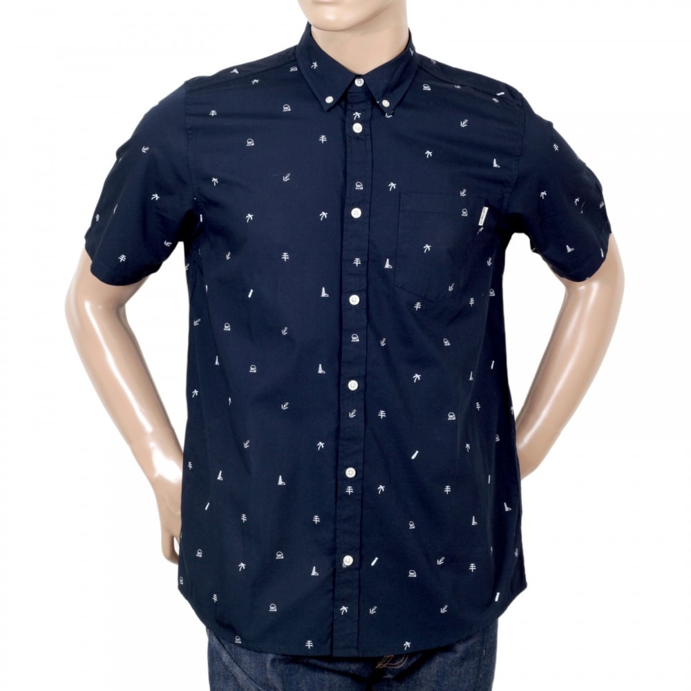 Mens Regular Fit Short Sleeve Navy Cotton Shirt with White Economy Print by Carhartt