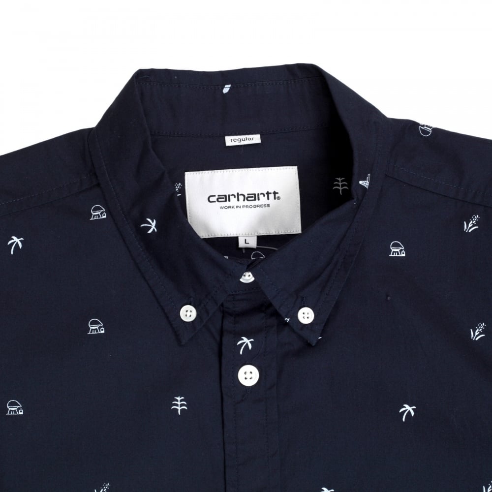 Mens Regular Fit Short Sleeve Navy Cotton Shirt with White Economy Print by Carhartt