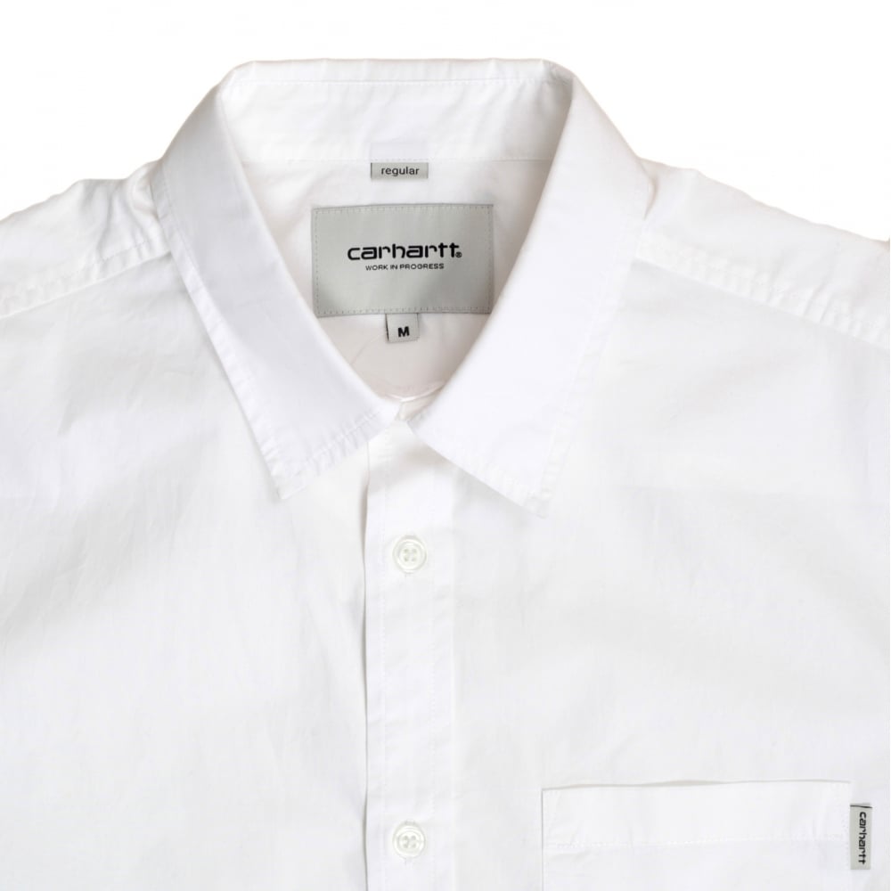 Mens Regular Fit Short Sleeve Button Down Collar White Wesley Shirt with Single Chest Pocket by Carhartt
