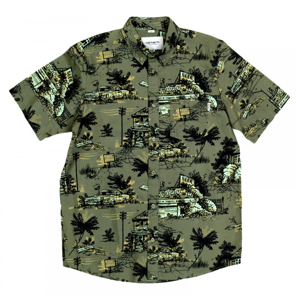 Mens Slimmer Fit Homerun Printed Green Cotton Short Sleeve Shirt with Single Chest Pocket by Carhartt