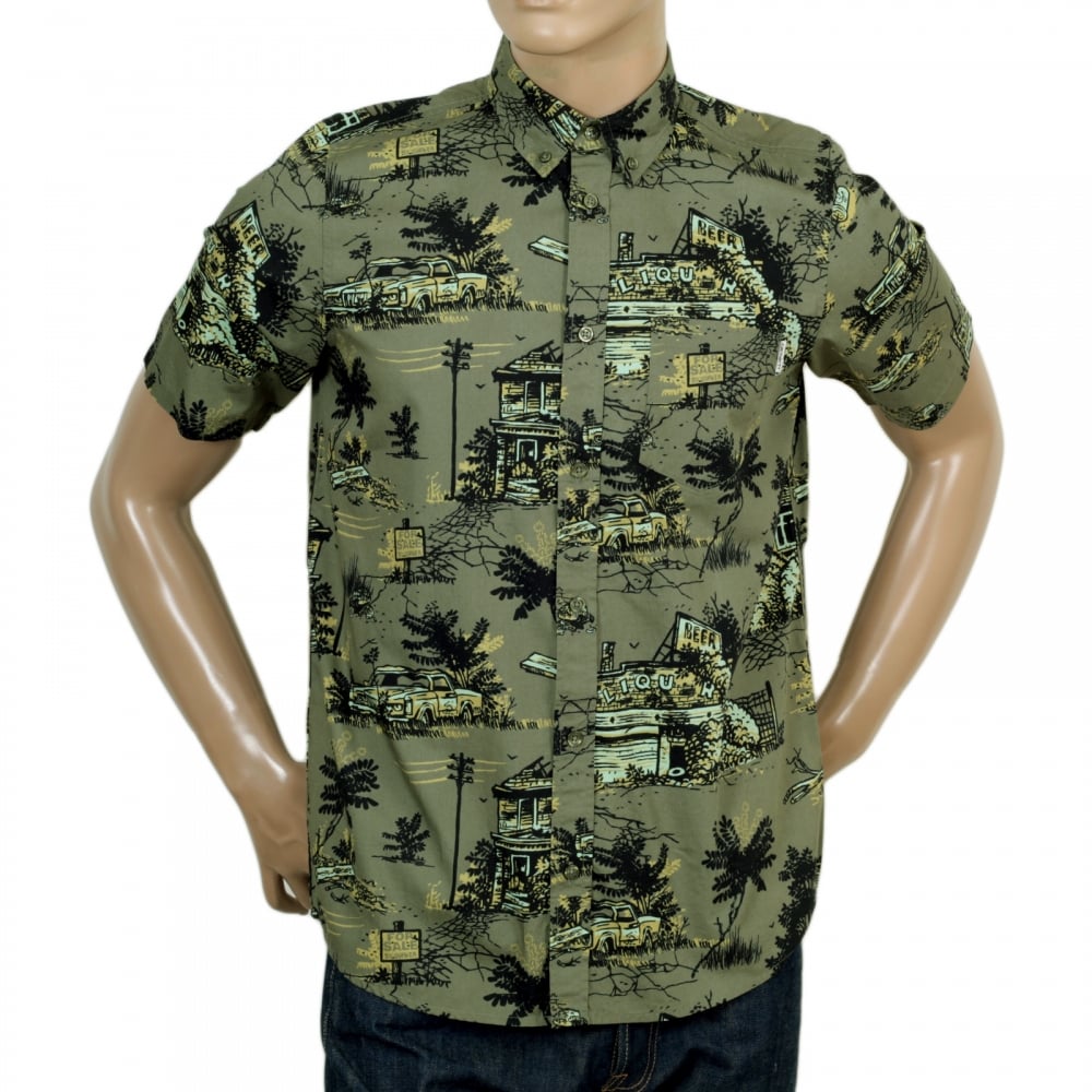 Mens Slimmer Fit Homerun Printed Green Cotton Short Sleeve Shirt with Single Chest Pocket by Carhartt