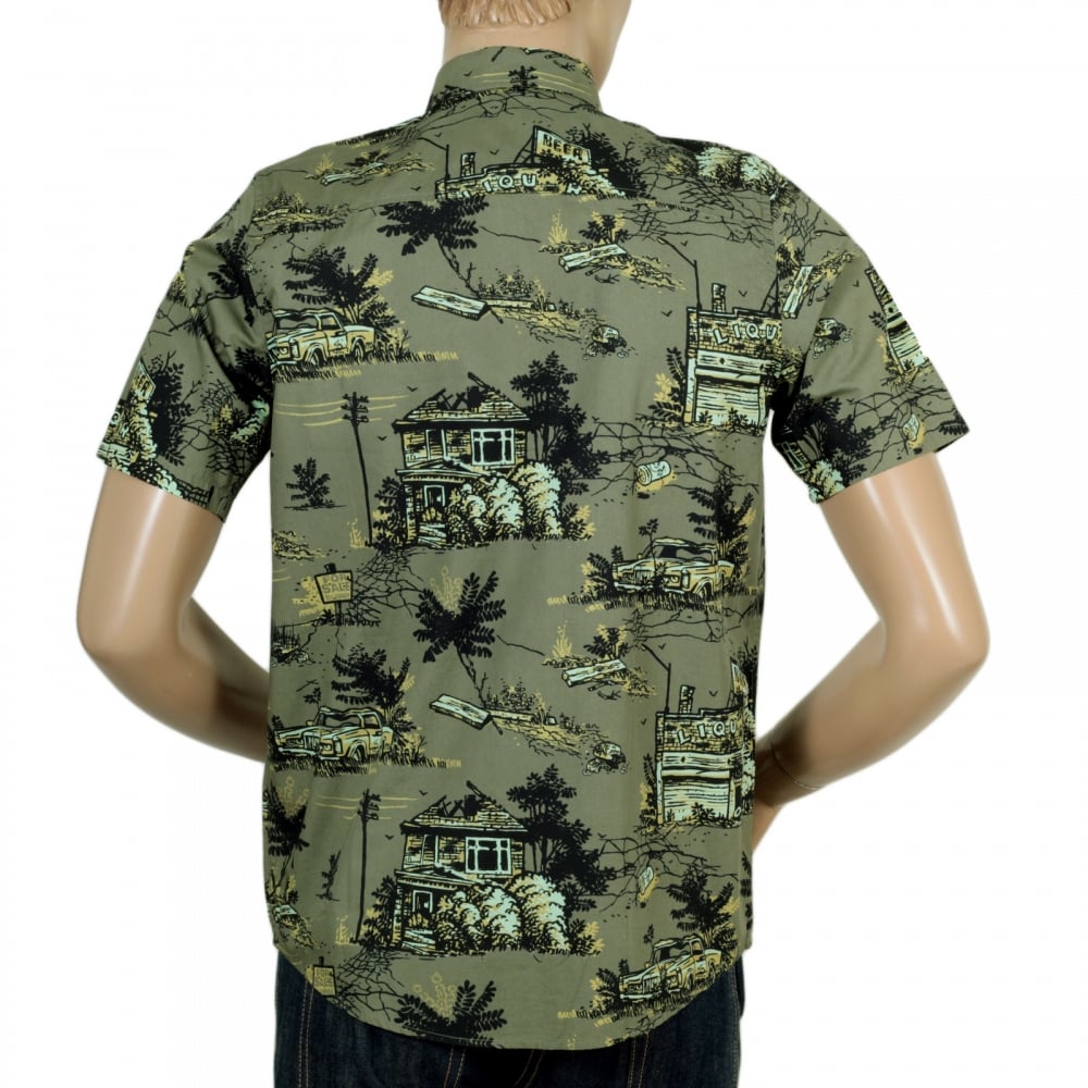 Mens Slimmer Fit Homerun Printed Green Cotton Short Sleeve Shirt with Single Chest Pocket by Carhartt